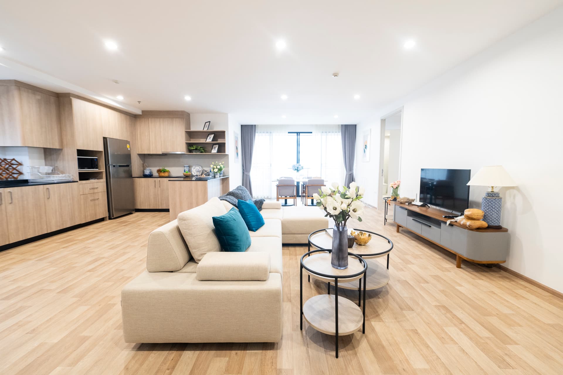 Spacious Bangkok apartment living room with modern furnishings